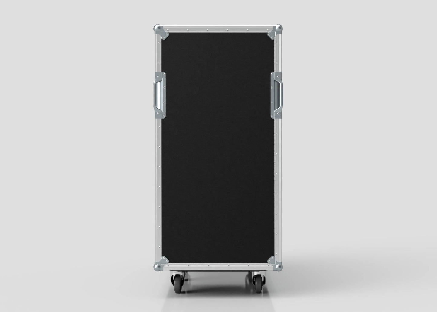 The 24U x 1032mm Suspended Shock Mounted Data Server Rack is a black rectangular road case with metal edges, side handles, and four wheels, offering sturdy protection and easy transport for servers and data equipment.