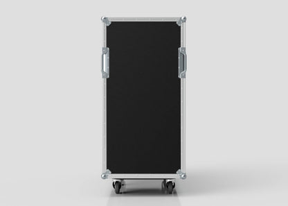 The 24U x 1032mm Suspended Shock Mounted Data Server Rack is a black rectangular road case with metal edges, side handles, and four wheels, offering sturdy protection and easy transport for servers and data equipment.
