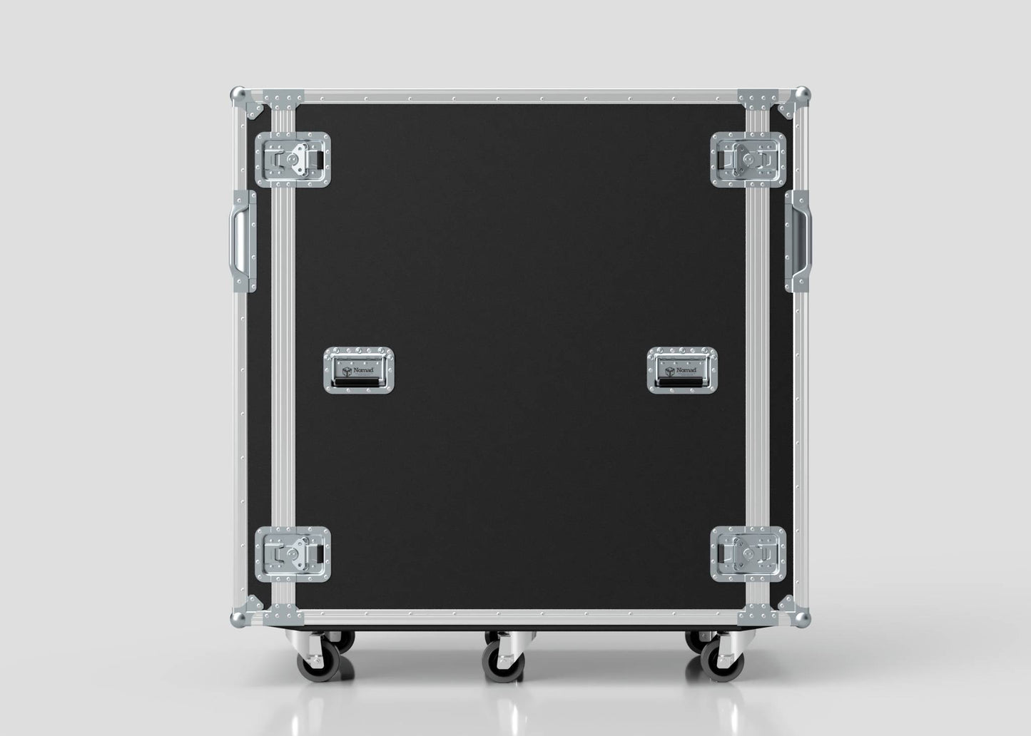 The 24U x 1032mm Suspended Shock Mounted Data Server Rack is a robust, black road case with metal reinforcements, side handles, and four caster wheels, standing upright against a plain background.