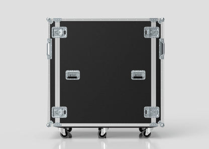 The 24U x 1032mm Suspended Shock Mounted Data Server Rack is a robust, black road case with metal reinforcements, side handles, and four caster wheels, standing upright against a plain background.