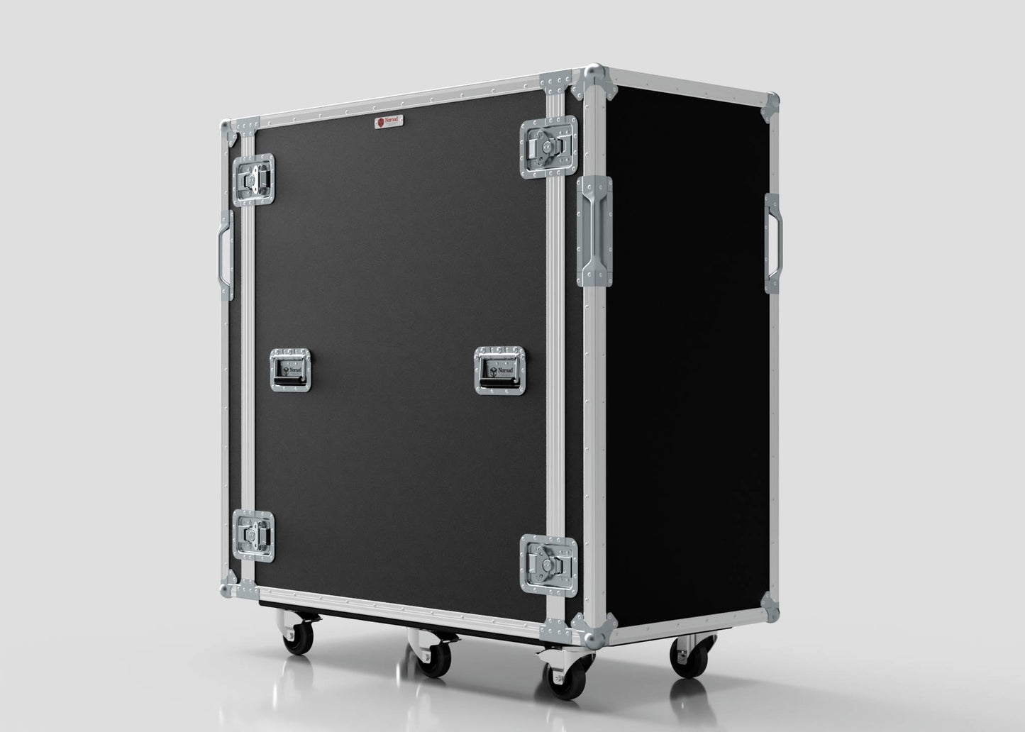 A 24U x 1032mm Suspended Shock Mounted Data Server Rack with metal edges, latches, handles, and four caster wheels is set against a plain light background.