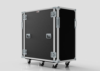 A 24U x 1032mm Suspended Shock Mounted Data Server Rack with metal edges, latches, handles, and four caster wheels is set against a plain light background.