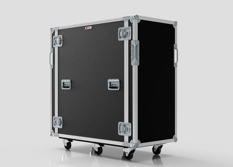 A 24U x 1032mm Suspended Shock Mounted Data Server Rack with metal edges, latches, handles, and four caster wheels is set against a plain light background.