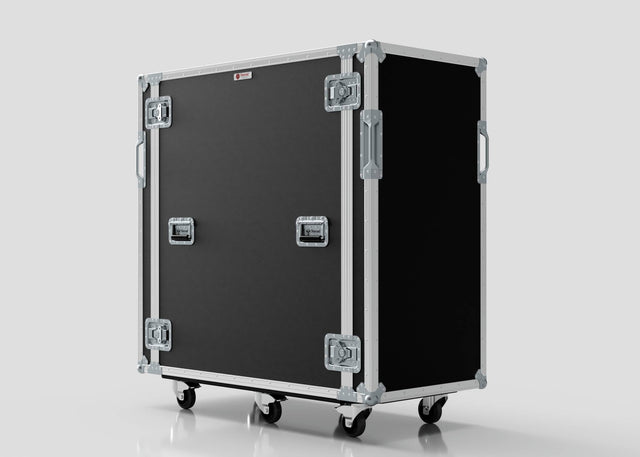 A 24U x 1032mm Suspended Shock Mounted Data Server Rack with metal edges, latches, handles, and four caster wheels is set against a plain light background.