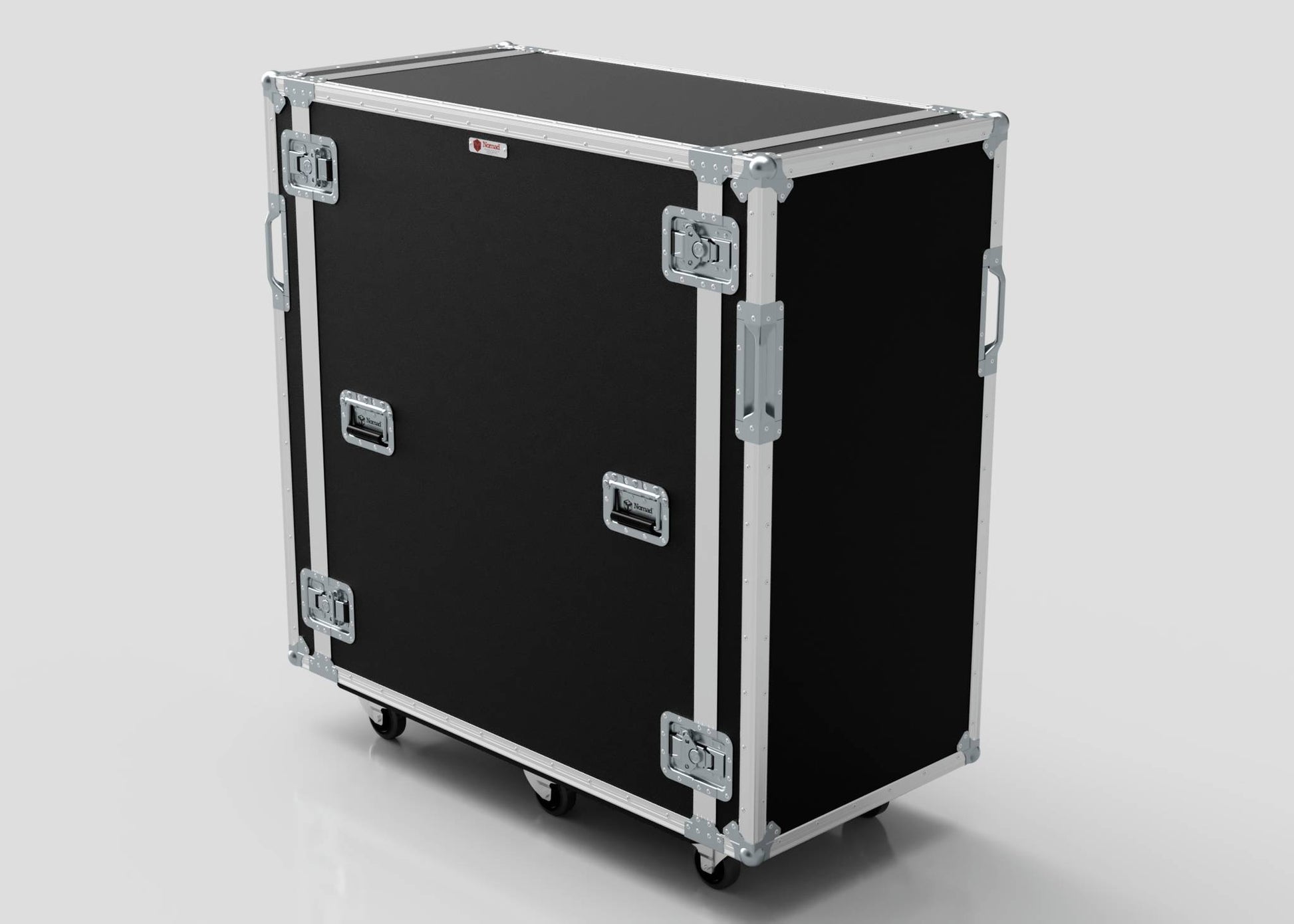 The 24U x 1032mm Suspended Shock Mounted Data Server Rack is a large black road case with metal edges, protective corners, handles, latches, and wheels, designed for secure transport of equipment.