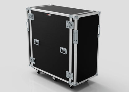 The 24U x 1032mm Suspended Shock Mounted Data Server Rack is a large black road case with metal edges, protective corners, handles, latches, and wheels, designed for secure transport of equipment.