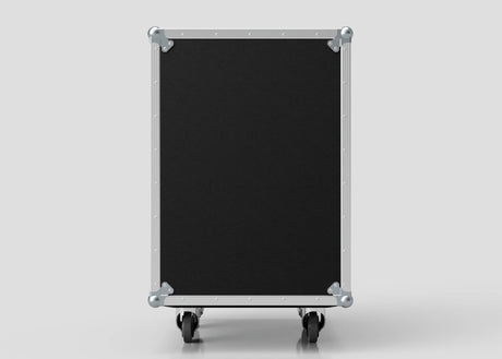 The 25U Foam Shock Mounted 19" Rack Case is a black, rectangular rack with a metal frame, corner protectors, foam mount racks, and stands upright on four caster wheels against a plain light background.