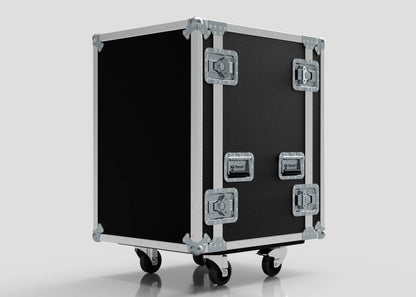 The 25U Foam Shock Mounted 19" Rack Case, featuring a black birch plywood build with metal reinforcements, handles, latches, and four caster wheels, is displayed against a plain light background.