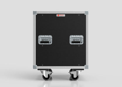 25U Slam Rack Case in black and silver with two metal handles and four caster wheels, shown against a plain light gray background.