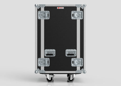 The 25U Standard Rack Case, made from European Birch plywood with black and silver metal reinforcements and latches, stands upright on four wheels against a plain gray background.