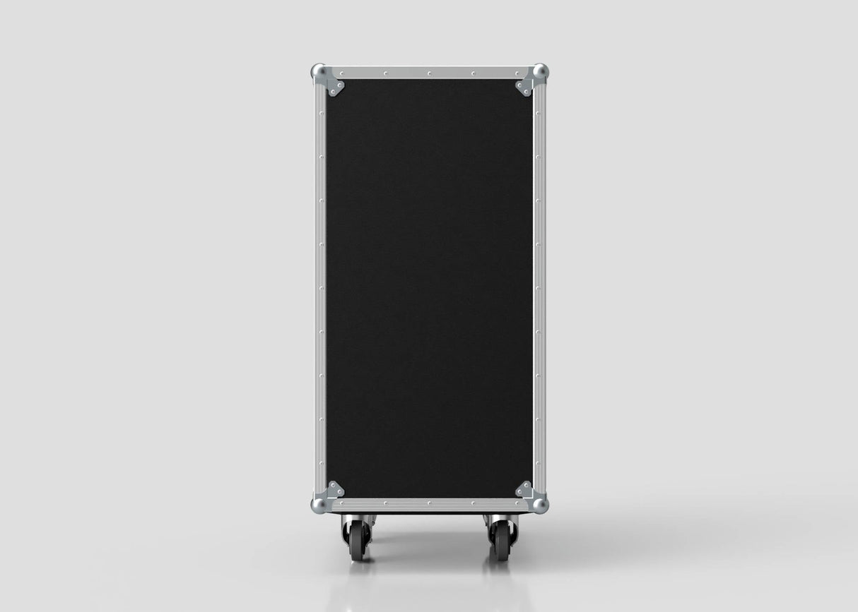 The 25U Standard Rack Case, a large black UK-made equipment rack with metal edges and reinforced corners, stands upright on four caster wheels against a plain light background.