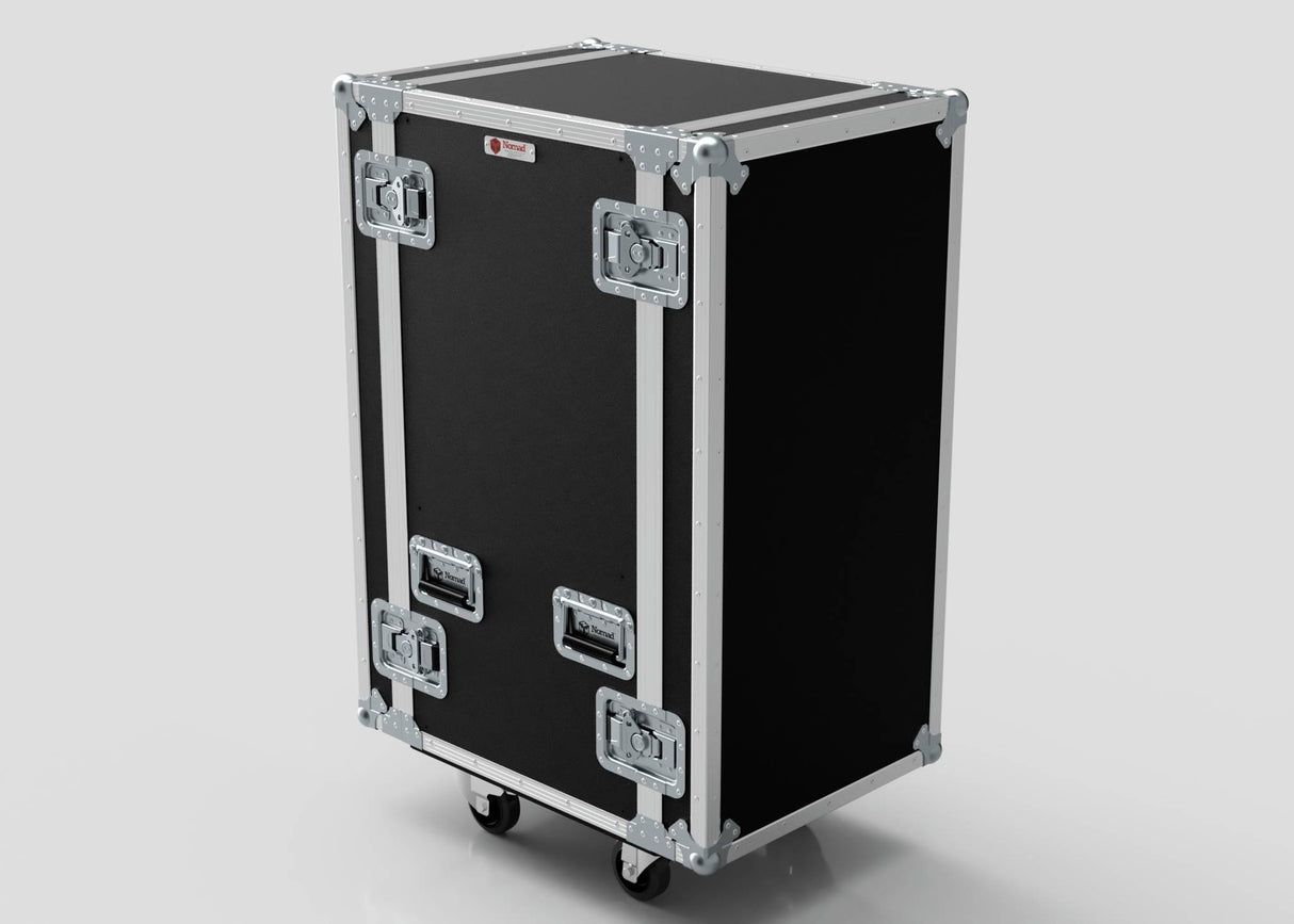 The 25U Standard Rack Case, UK-made in black and silver with metal reinforcements and latches, stands upright on four caster wheels against a plain background.