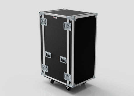 The 25U Suspended Shock Mounted Rack Case is a black rectangular case with metal edges, handles, and latches, standing upright on wheels. It’s designed to protect sensitive gear during transport with its shock-mounted rack system.