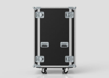 A 25U Suspended Shock Mounted Rack Case, large and black with metal reinforcements and handles, stands upright on four caster wheels against a plain background.