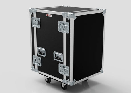 The 26U Foam Shock Mounted 19" Rack Case is a black rectangular flight case made from European birch plywood with metal edges, reinforced corners, two side handles, front latches for security, and bottom wheels, shown against a plain background.