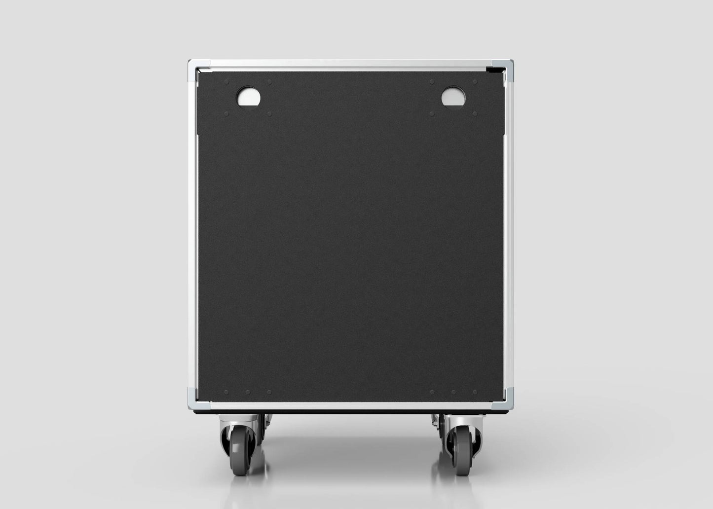 The 26U Shock Mount Slam Rack Case is a black, rectangular case with metal edges and four caster wheels, shown from the front against a plain light background.