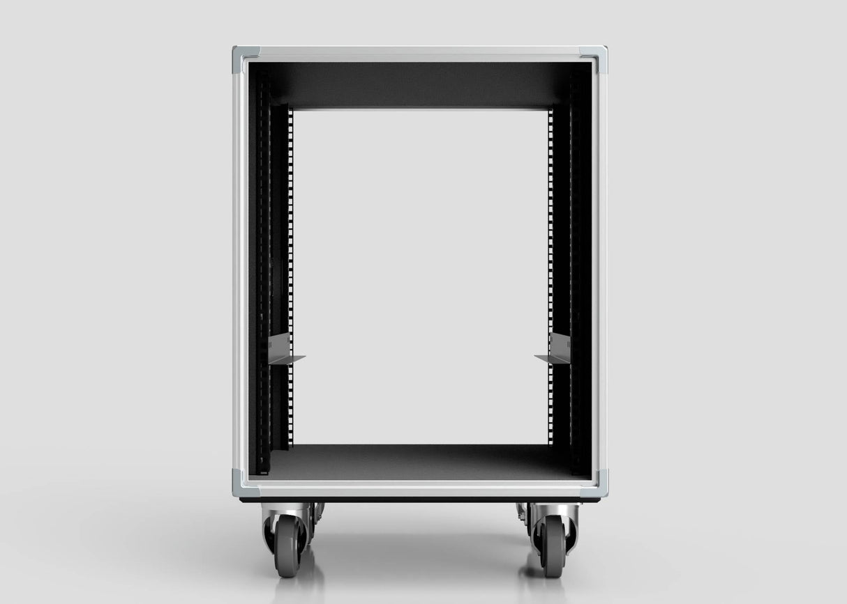 Front view of an empty, open 26U Slam Rack Case on four caster wheels, designed for holding servers or electronic devices.