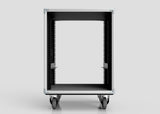 Front view of an empty, open 26U Slam Rack Case on four caster wheels, designed for holding servers or electronic devices.