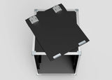 A black panel with metal hinges is partially removed from a black and silver 26U Slam Rack Case, viewed from above on a light background.