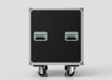 26U Slam Rack Case, black and rectangular, features two metal handles and four caster wheels, displayed on a plain light gray background.