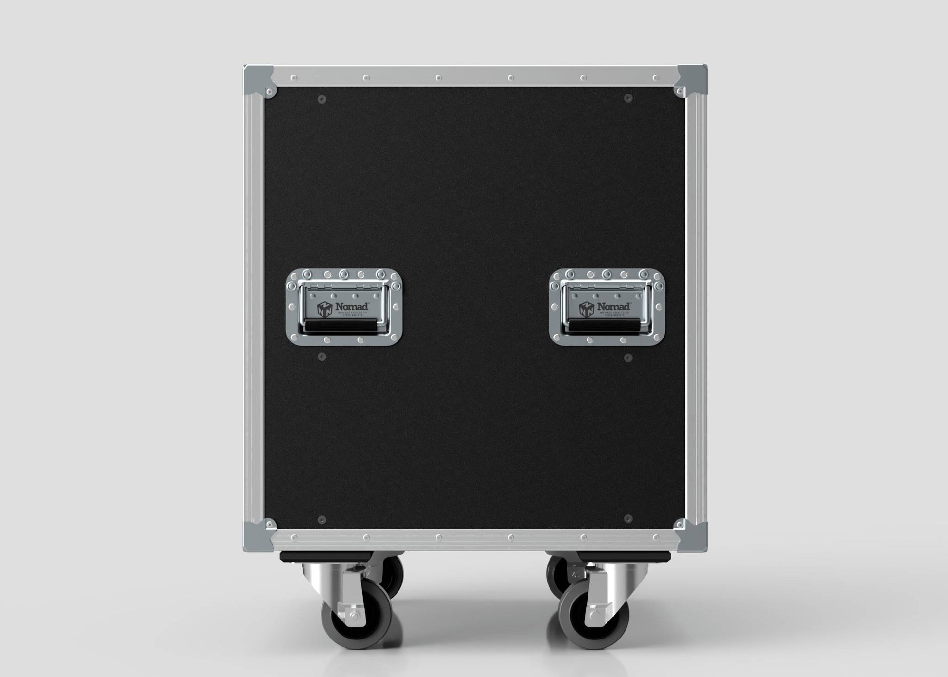 26U Slam Rack Case, black and rectangular, features two metal handles and four caster wheels, displayed on a plain light gray background.