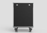 A 26U Slam Rack Case in black with a rectangular shape and four caster wheels is shown from the back against a plain gray background.