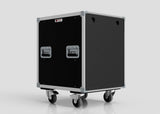 A 26U Slam Rack Case, black and rectangular with metal edges, two recessed handles, and four caster wheels, photographed against a plain white background.