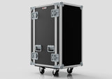 The 26U Standard Rack Case features a black and silver design with reinforced metal edges, four latches, and four caster wheels, displayed against a plain light background.