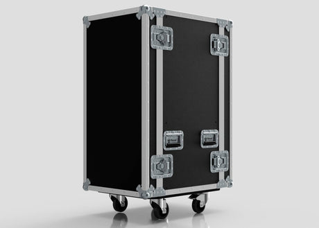 The 26U Standard Rack Case is a large black case with metal edges, corner protectors, four latches, and four caster wheels, shown against a plain background.