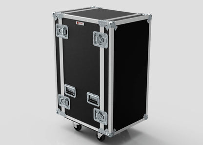 The 26U Standard Rack Case is a large black and silver equipment rack with metal reinforced corners, sturdy handles, and four caster wheels, shown standing upright against a plain background.