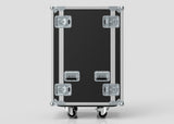 The 26U Standard Rack Case, featuring a black rectangular design with reinforced metal corners, latches, and handles, stands upright on two wheels against a plain background.