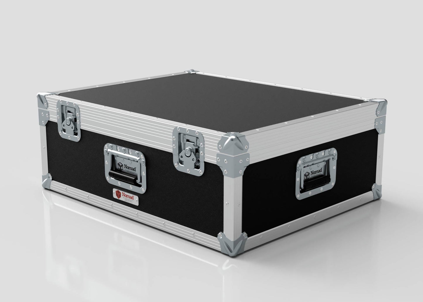 A black 27" iMac Case with metal edges, reinforced corners, and multiple latches sits on a white surface; its external dimensions are 745 x 600 x 273 mm.