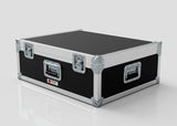 A black 27" iMac Case with metal edges, reinforced corners, and multiple latches sits on a white surface; its external dimensions are 745 x 600 x 273 mm.