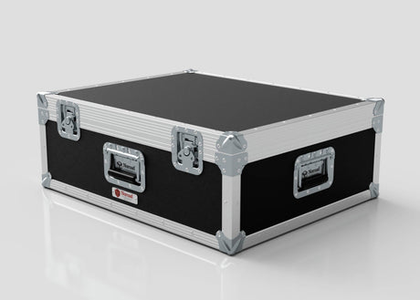 A black 27" iMac Case with metal edges, reinforced corners, and multiple latches sits on a white surface; its external dimensions are 745 x 600 x 273 mm.