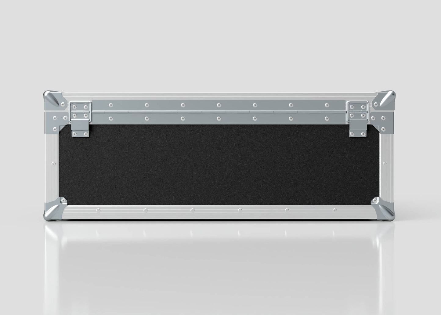 The 27" iMac Case is a rectangular black and silver hard case with metal edges, reinforced corners, and latch closures, measuring 745 x 600 x 273 mm, displayed on a reflective white surface.