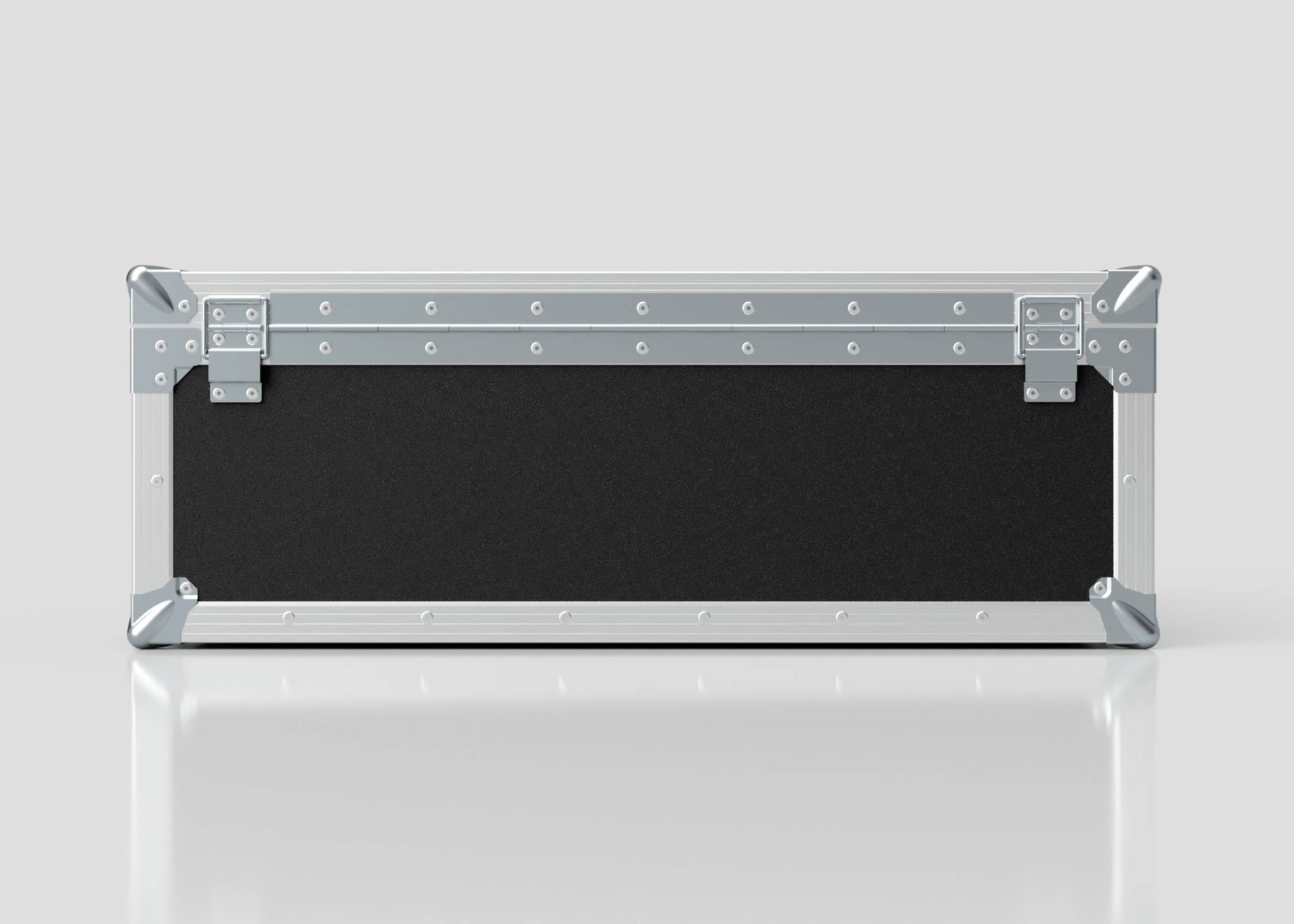 The 27" iMac Case is a rectangular black and silver hard case with metal edges, reinforced corners, and latch closures, measuring 745 x 600 x 273 mm, displayed on a reflective white surface.