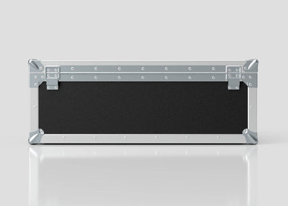 The 27" iMac Case is a rectangular black and silver hard case with metal edges, reinforced corners, and latch closures, measuring 745 x 600 x 273 mm, displayed on a reflective white surface.