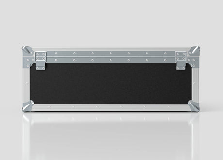 The 27" iMac Case is a rectangular black and silver hard case with metal edges, reinforced corners, and latch closures, measuring 745 x 600 x 273 mm, displayed on a reflective white surface.