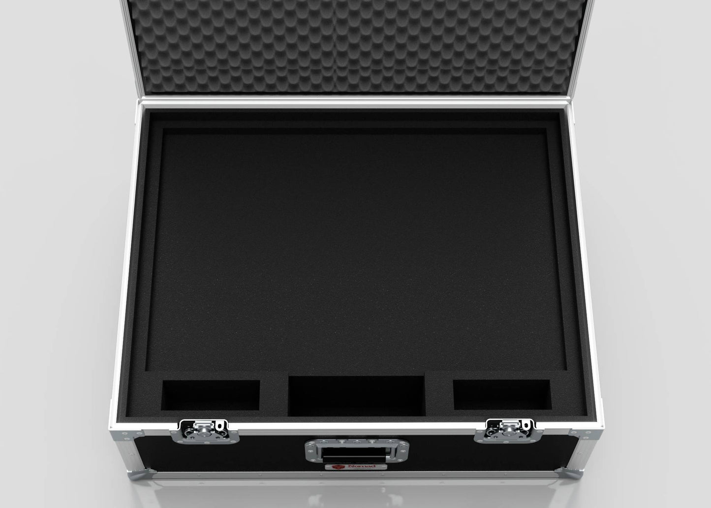 The 27" iMac Case is an open hard case with foam padding, compartments, silver latches, and a handle for secure equipment transport. Its external dimensions are 745 x 600 x 273 mm.