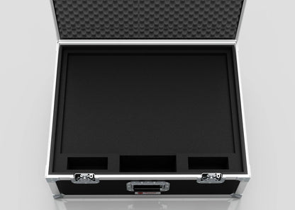 The 27" iMac Case is an open hard case with foam padding, compartments, silver latches, and a handle for secure equipment transport. Its external dimensions are 745 x 600 x 273 mm.