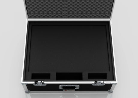 The 27" iMac Case is an open hard case with foam padding, compartments, silver latches, and a handle for secure equipment transport. Its external dimensions are 745 x 600 x 273 mm.