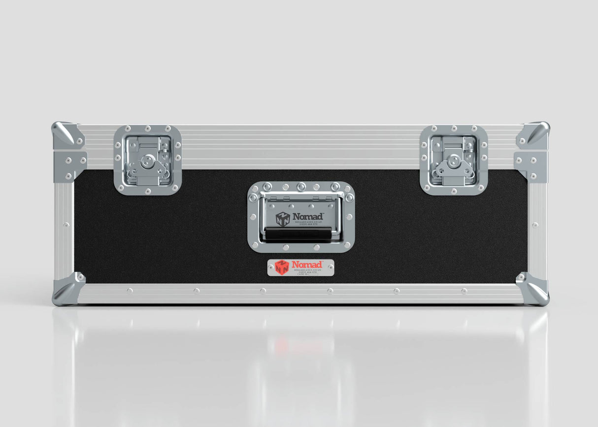 The 27" iMac Case is a rectangular black and silver hard case with reinforced metal corners and latches, featuring the Nomad logo on the front. External dimensions: 745 x 600 x 273 mm.