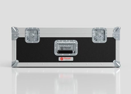 The 27" iMac Case is a rectangular black and silver hard case with reinforced metal corners and latches, featuring the Nomad logo on the front. External dimensions: 745 x 600 x 273 mm.