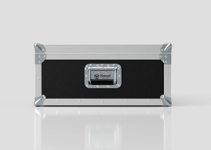 A black and silver 27" iMac Case with reinforced metal corners, a handle, and a Nomad nameplate on the front is shown against a plain light background. External dimensions: 745 x 600 x 273 mm.