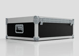 The 27" iMac Case, a large rectangular black and silver flight case with reinforced metal edges and corners, sits on a reflective white surface and features external dimensions of 745 x 600 x 273 mm.