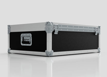 The 27" iMac Case, a large rectangular black and silver flight case with reinforced metal edges and corners, sits on a reflective white surface and features external dimensions of 745 x 600 x 273 mm.