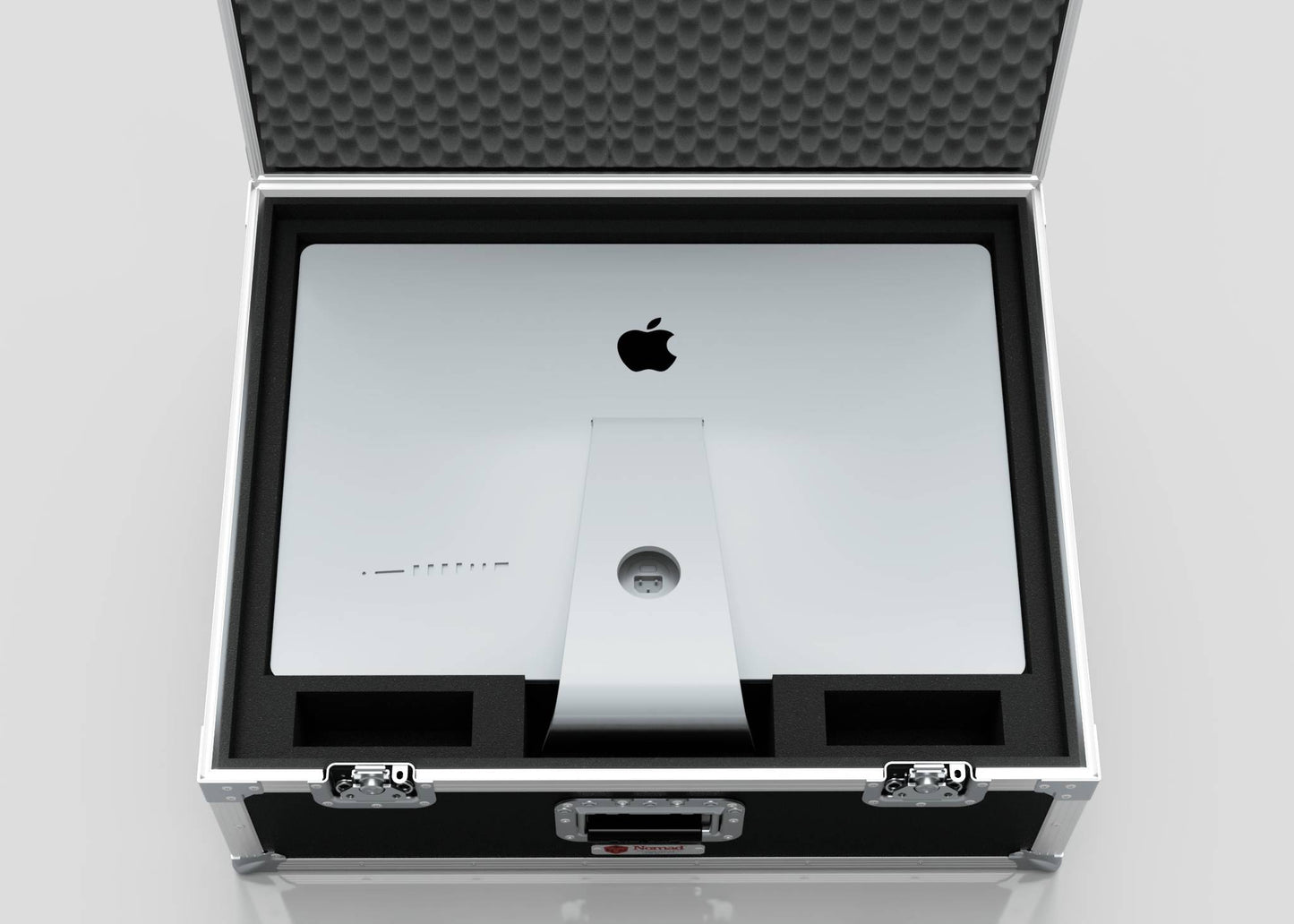 A 27" iMac Case with black foam lining holds a silver Apple iMac, displayed with the lid open to reveal the back. The case measures 745 x 600 x 273 mm, providing optimal protection and portability.