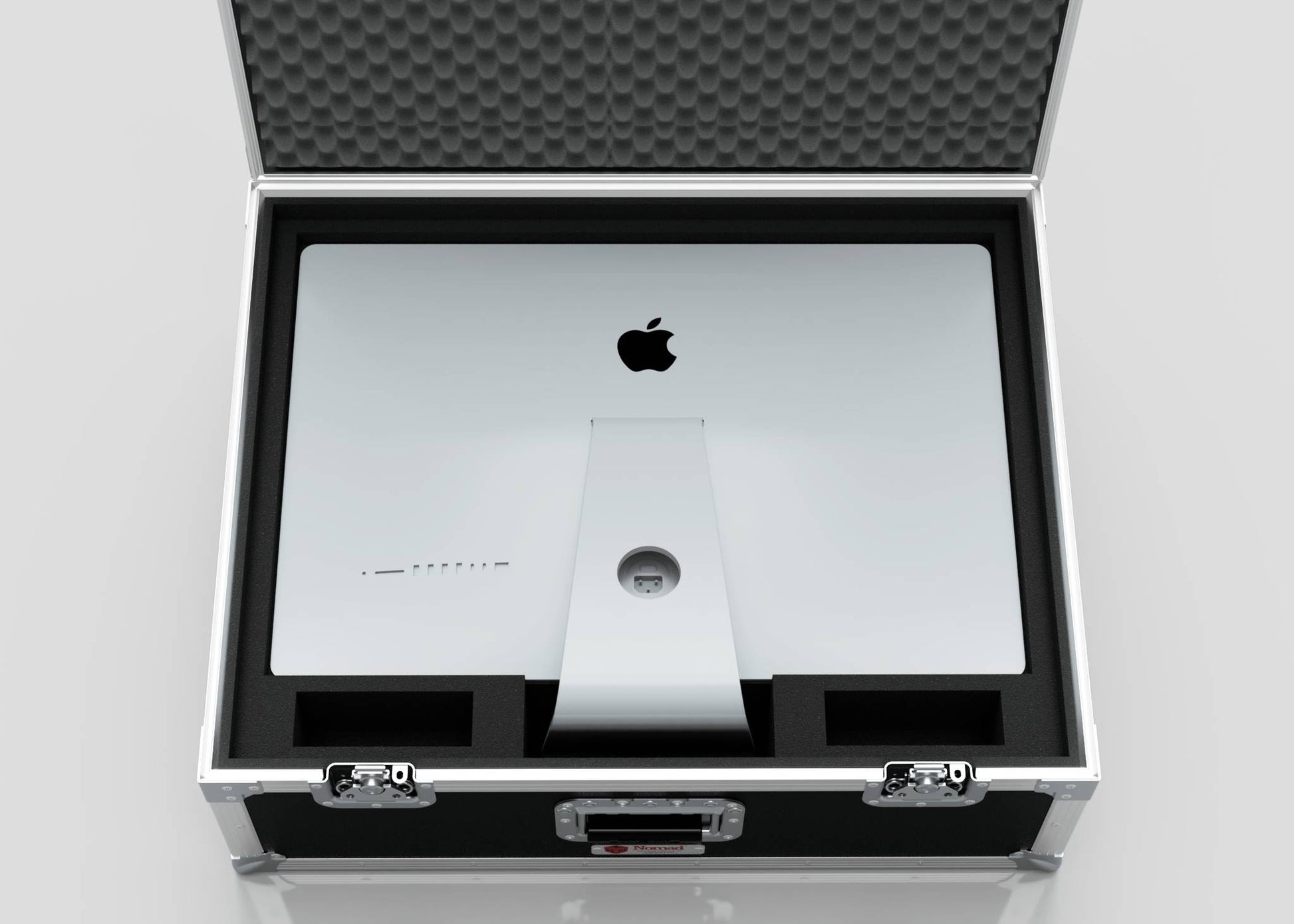 A 27" iMac Case with black foam lining holds a silver Apple iMac, displayed with the lid open to reveal the back. The case measures 745 x 600 x 273 mm, providing optimal protection and portability.