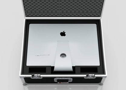 A 27" iMac Case with black foam lining holds a silver Apple iMac, displayed with the lid open to reveal the back. The case measures 745 x 600 x 273 mm, providing optimal protection and portability.