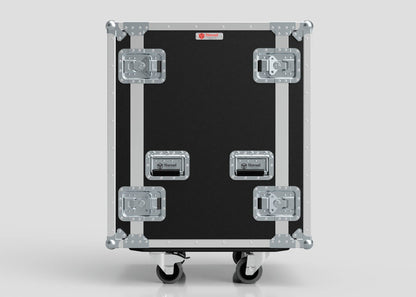 A 27U Foam Shock Mounted 19" Rack Case in black and silver birch plywood, featuring metal reinforcements, handles, latches, and caster wheels, set against a plain light background.